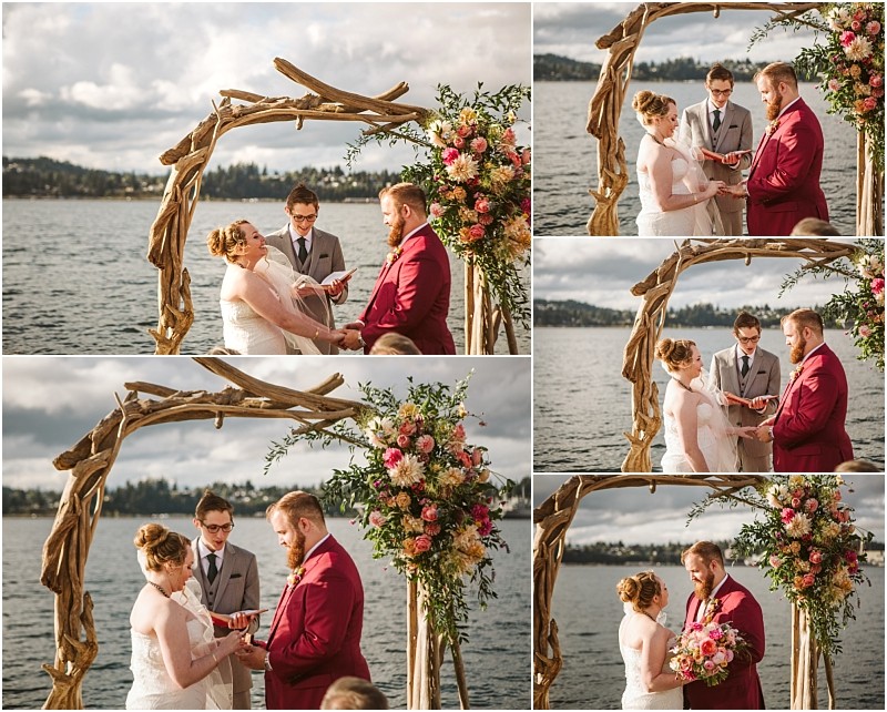 A collage of six photos shows a bride and groom exchanging vows and rings under a flower adorned wooden arch beside a snohomish lake with an officiant standing behind them Snohomish wedding photography