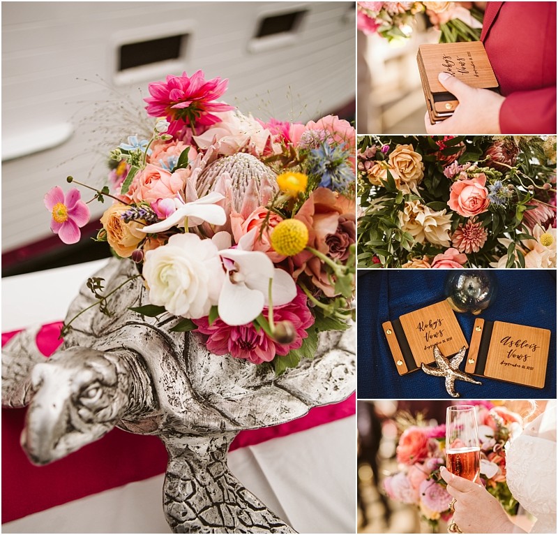 A collage featuring a bright floral arrangement on a silver sea turtle handwritten vow books close ups of assorted flowers snohomish inspired vow books with a starfish ornament and a hand holding a glass of champagne Snohomish wedding photography