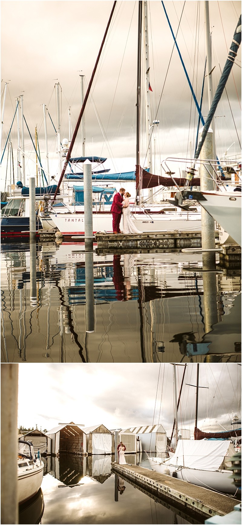 A couple in wedding attire embraces on a dock among sailboats at a snohomish marina their reflection visible in the calm water The overcast sky casts a soft golden light over the romantic scene Snohomish wedding photography