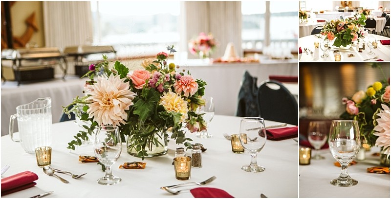A round table set for an event in snohomish features a floral centerpiece glassware cutlery votive candles and napkins Additional tables with similar arrangements are visible in the background Snohomish wedding photography
