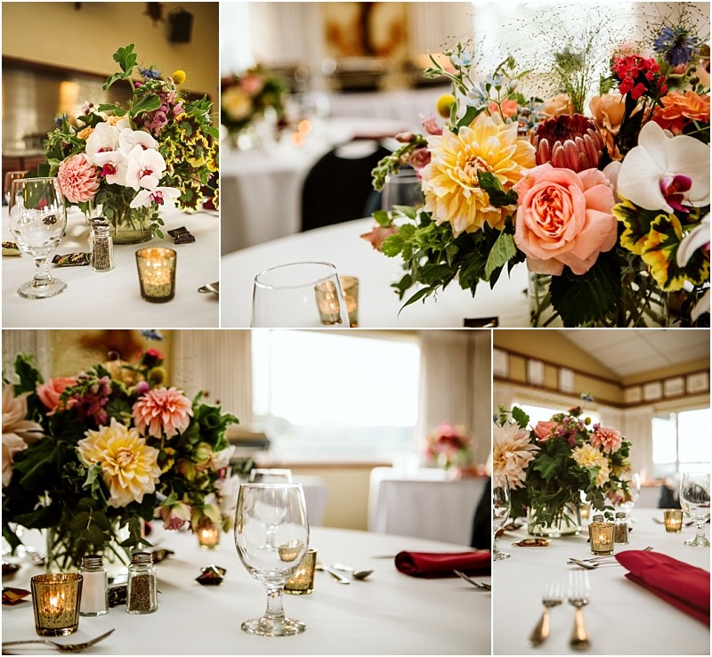 A collage of elegant table settings at a snohomish event venue featuring vibrant flower centerpieces wine glasses red napkins candles and decorative details on white tablecloths in warm lighting Snohomish wedding photography
