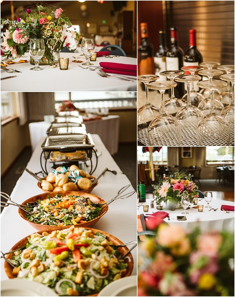 A collage shows a buffet table with various salads bread wine bottles empty wine glasses and a floral centerpiece in a bright snohomish dining room set for a gathering or celebration Snohomish wedding photography
