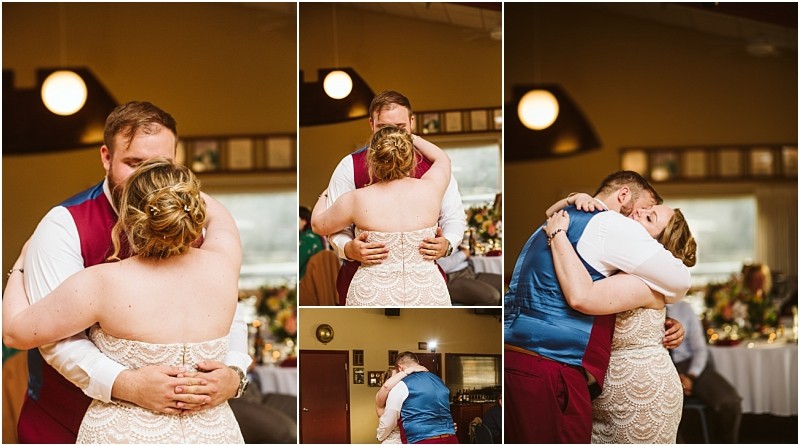 Collage of a bride and groom sharing their first dance at a snohomish wedding reception embracing closely in a warmly lit room with decorated tables and guests in the background Snohomish wedding photography