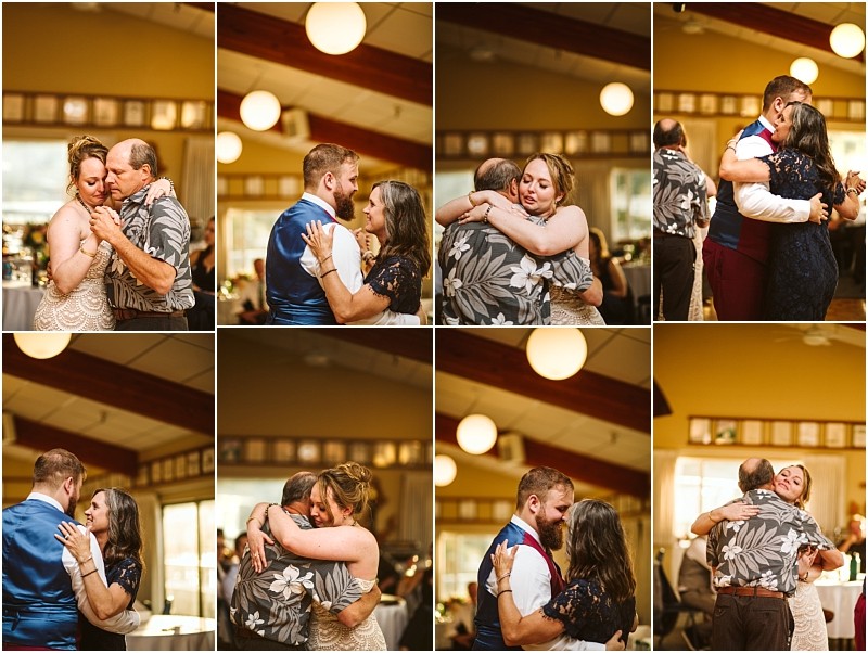 A collage of eight photos showing a bride and groom each dancing and hugging with their parents during a wedding reception set in a warmly lit snohomish indoor venue Snohomish wedding photography