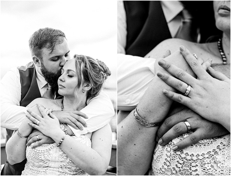 A black and white diptych captures a snohomish groom embracing and kissing his brides head both with closed eyes The second image is a close up of their intertwined fingers and wedding rings Snohomish wedding photography