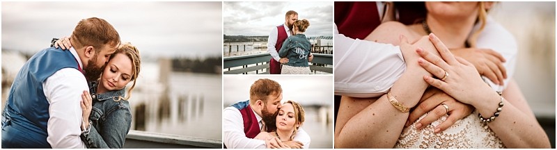 A collage of a couple embracing on a snohomish waterfront deck They appear affectionate and happy with close up shots of their hands rings and gentle hugs featuring both casual and formal attire Snohomish wedding photography