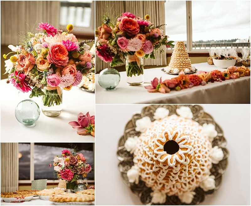 A collage features vibrant floral arrangements a decorative tower of pastries pies and elegant table settings on a white tablecloth against large windows with curtains and an outdoor snohomish view Snohomish wedding photography