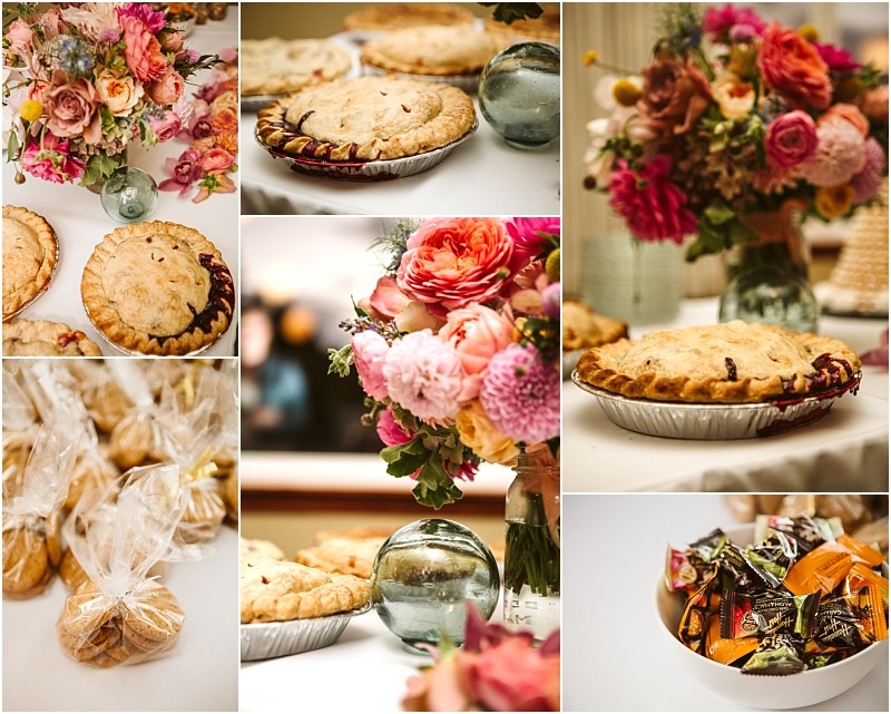 A collage of pies colorful floral arrangements cellophane wrapped cookies and a bowl of assorted candy displayed on a table creates a festive inviting dessert table setup perfect for any snohomish celebration Snohomish wedding photography