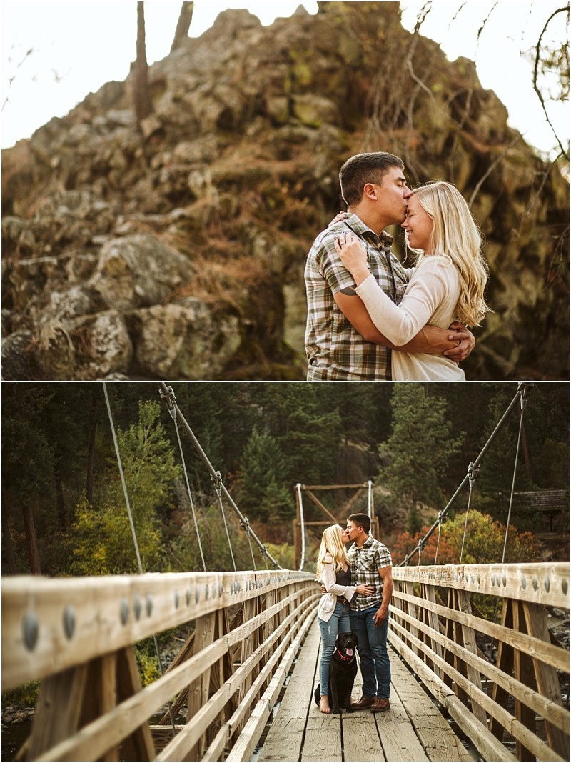 Two photos the first shows a couple embracing and kissing in front of a rocky hill in snohomish The second shows them standing closely together on a wooden suspension bridge with their black dog surrounded by forested hills Snohomish wedding photography