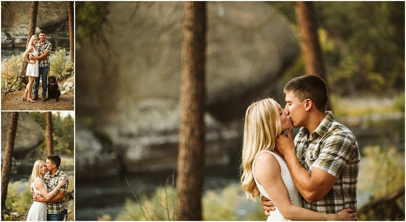 A collage of three outdoor photos features a couple embracing and kissing by a river in the snohomish forest with a large rock in the background and their black dog appearing in one of the images Snohomish wedding photography