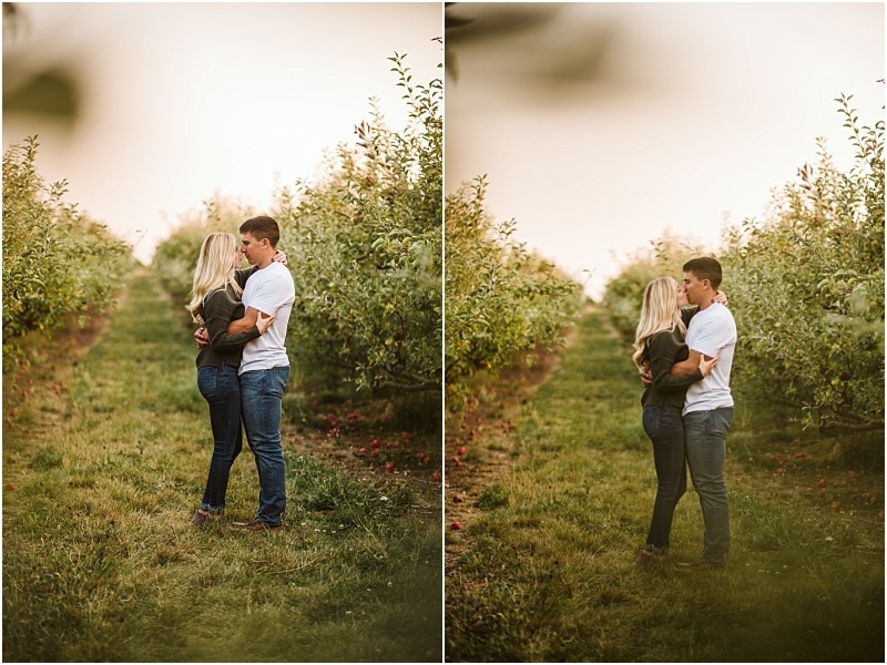 A couple stands closely together embracing and looking at each other in a sunlit snohomish orchard with green grass and rows of trees The image is shown in two side by side versions with slightly different lighting Snohomish wedding photography