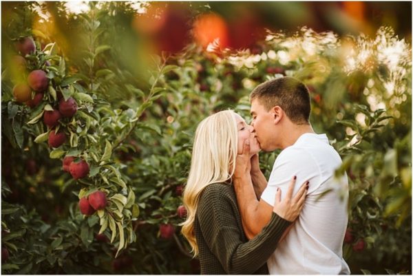 A couple stands in a snohomish orchard surrounded by apple trees sharing a tender kiss The woman has long blonde hair and wears a dark sweater while the man wears a white shirt Red apples hang from the branches around them Snohomish wedding photography
