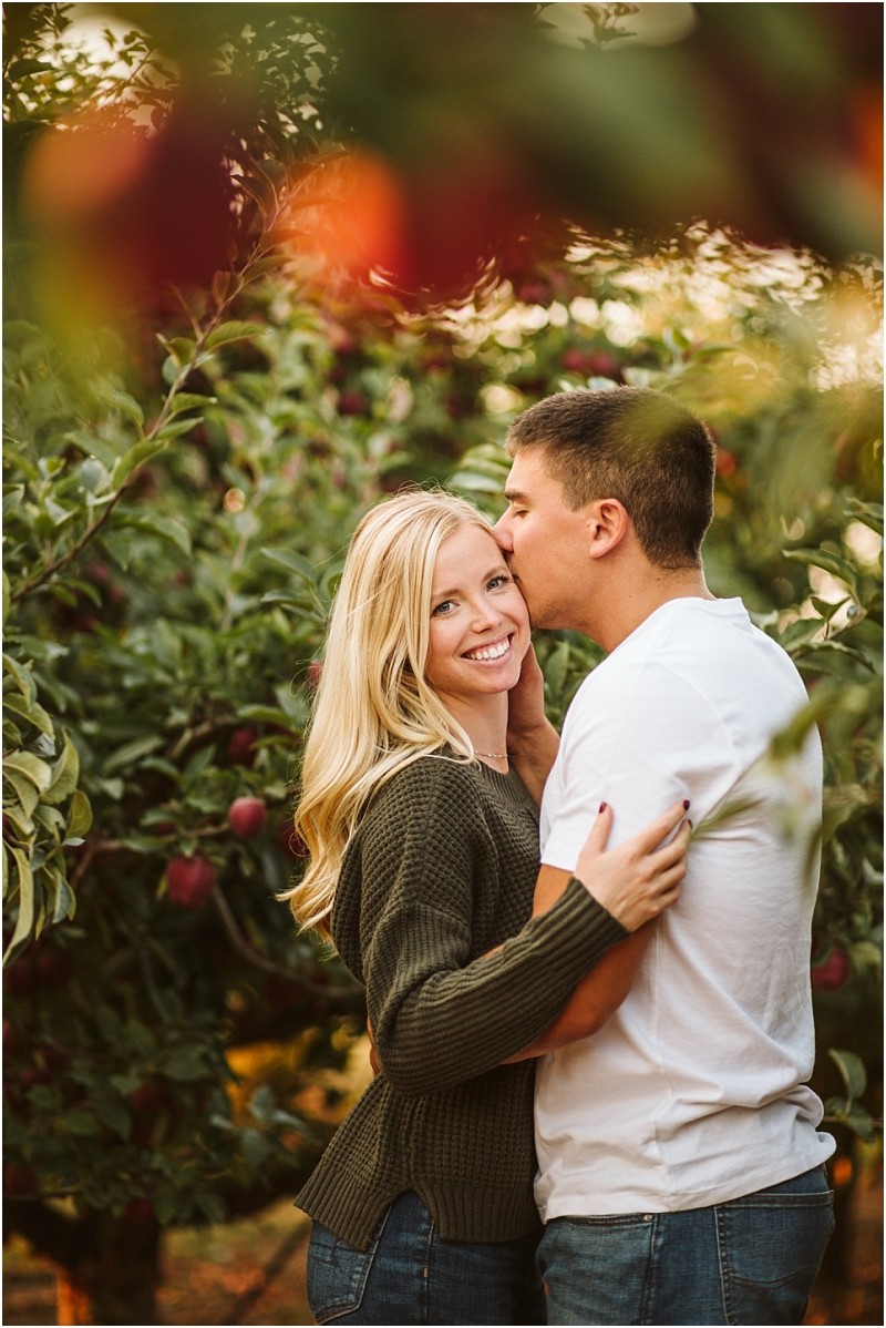 A man kisses a smiling blonde woman on the forehead as they embrace in a snohomish orchard surrounded by green leaves and red apples in the background Snohomish wedding photography