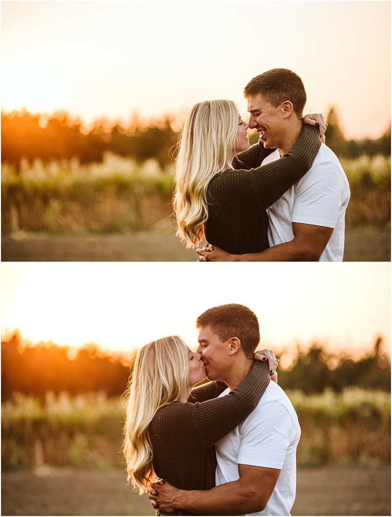 Two images show a couple embracing outdoors at sunset in snohomish In the top image they gaze and smile at each other in the bottom image they share a kiss The background features soft sunlight and blurred greenery Snohomish wedding photography
