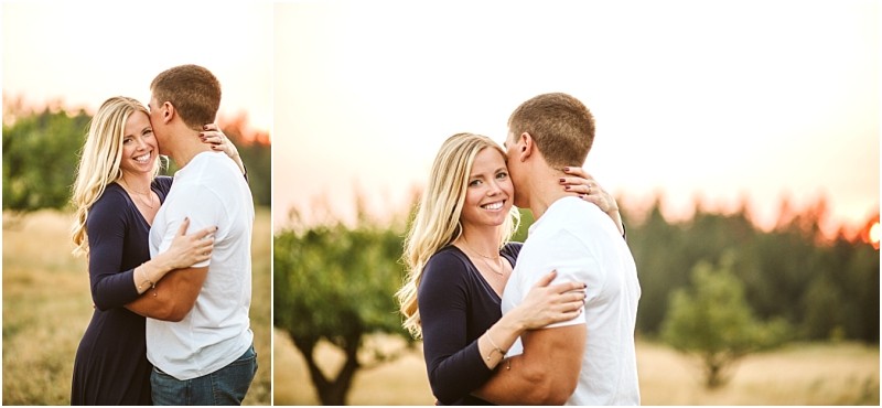 A smiling woman with long blonde hair embraces a man in a white shirt outdoors at sunset in snohomish with trees and a field in the background Inset shows a similar pose from a slightly different angle Snohomish wedding photography