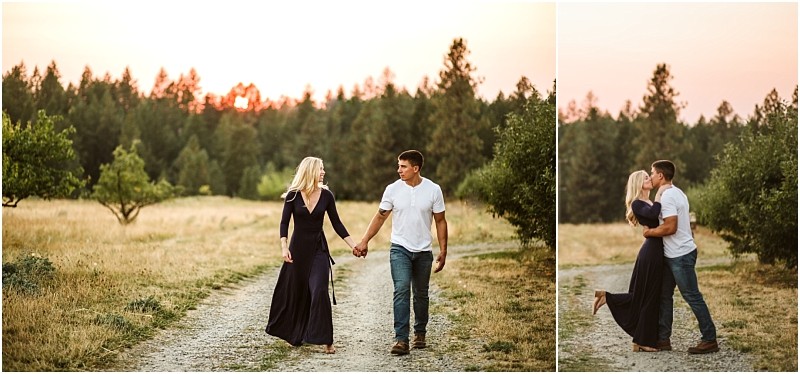 A couple walks hand in hand down a dirt path in a snohomish field at sunset surrounded by trees In a second image they embrace and kiss with the woman lifting her foot playfully Snohomish wedding photography