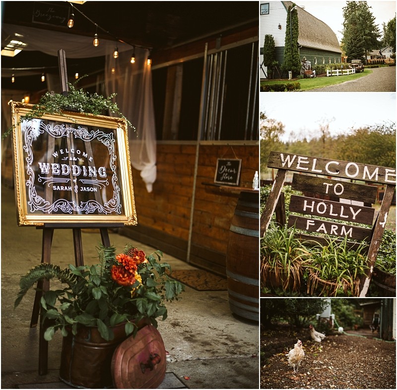 A collage featuring a wedding welcome sign in a gold frame a rustic snohomish barn a wooden sign reading welcome to holly farm and chickens roaming near flowers and greenery Snohomish wedding photography