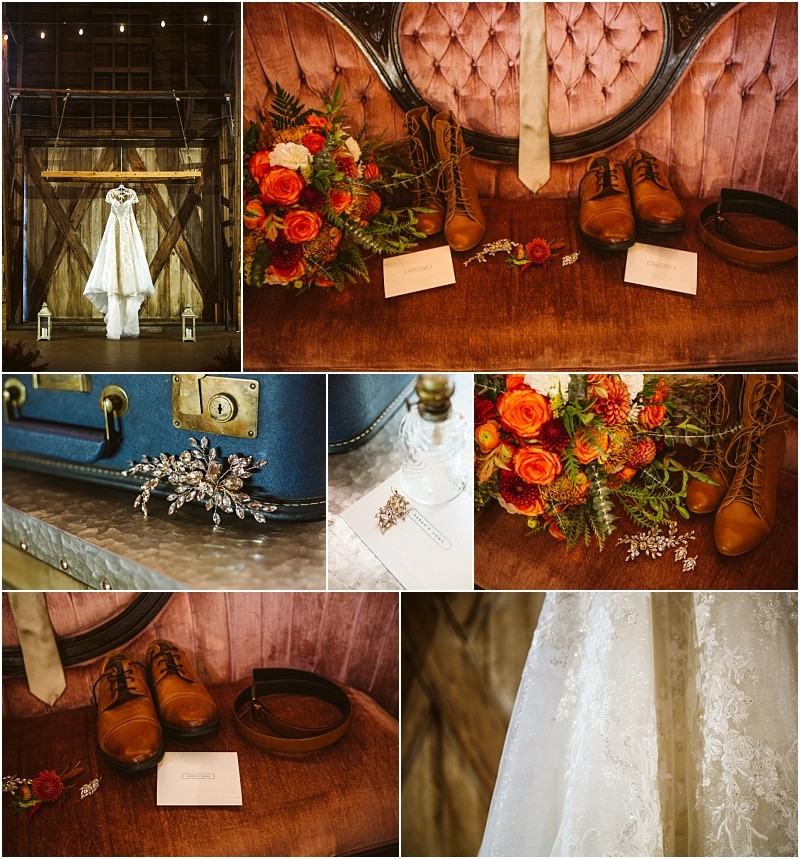 A collage featuring snohomish wedding details a dress hanging in a barn brown shoes tie belt bouquet with red orange flowers jewelry a vintage suitcase and a close up of the dresss lace fabric Snohomish wedding photography