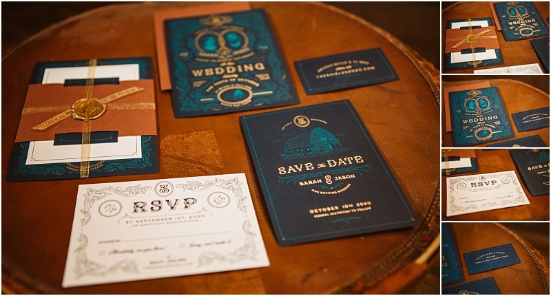 Wedding invitation suite displayed on a brown surface including an rsvp card a navy blue save the date and envelopes with gold accents and vintage style designsperfect for an elegant snohomish celebration Close up insets show more card details Snohomish wedding photography