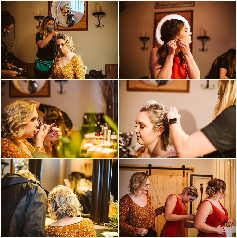 A collage of six photos shows women getting ready in a warmly lit snohomish room Some apply lipstick others style hair and two help another with her dress The mood is busy and joyful Snohomish wedding photography