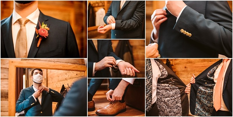 A collage shows a groom in a navy suit with a peach tie getting ready in snohomish He adjusts his cuffs and jacket puts on shoes reveals the floral jacket lining and wears a face mask in one photo Snohomish wedding photography