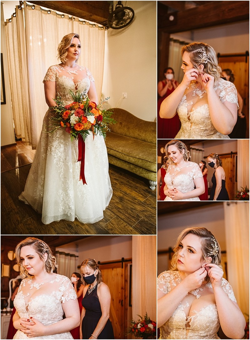 Collage of a bride in a lace wedding gown holding a flower bouquet adjusting her hair and putting on earrings while bridesmaids assist her The warm wood accented indoor scene captures the charm of a snohomish celebration Snohomish wedding photography
