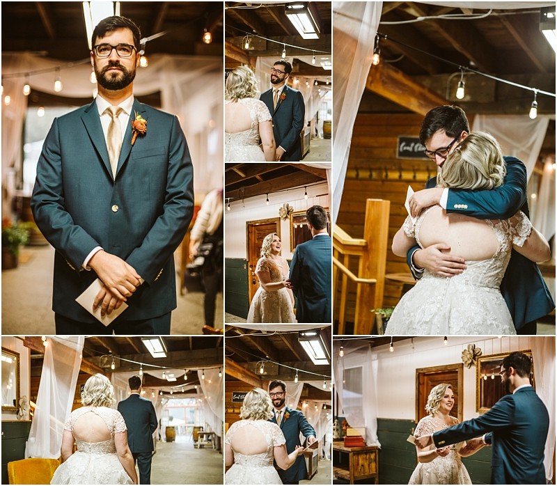A collage of wedding photos shows a groom in a blue suit seeing his bride in a white dress for the first time They smile embrace and hold hands in a warmly lit rustic snohomish venue decorated with string lights Snohomish wedding photography