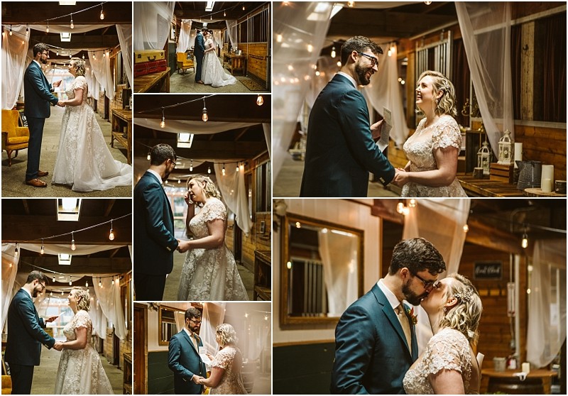 A collage of nine photos shows a bride and groom in a rustic warmly lit snohomish venue exchanging vows holding hands smiling and sharing a kiss amid draped white fabric and soft lighting Snohomish wedding photography