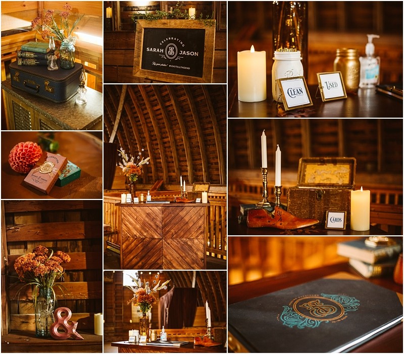 A collage of rustic wedding decor in a snohomish barn venue featuring candles flowers vintage suitcases personalized signs hand sanitizer and wooden accents with warm lighting and a cozy atmosphere Snohomish wedding photography