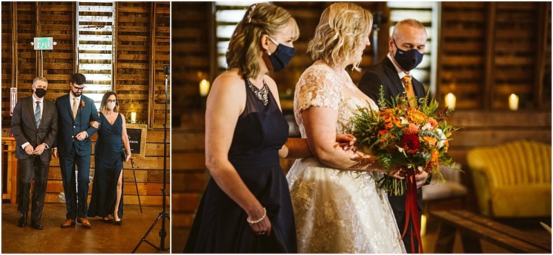 A split image shows a wedding ceremony indoors in snohomish On the left three people in formal attire and masks walk together On the right a bride in a lace dress holds a bouquet flanked by two masked attendants Snohomish wedding photography