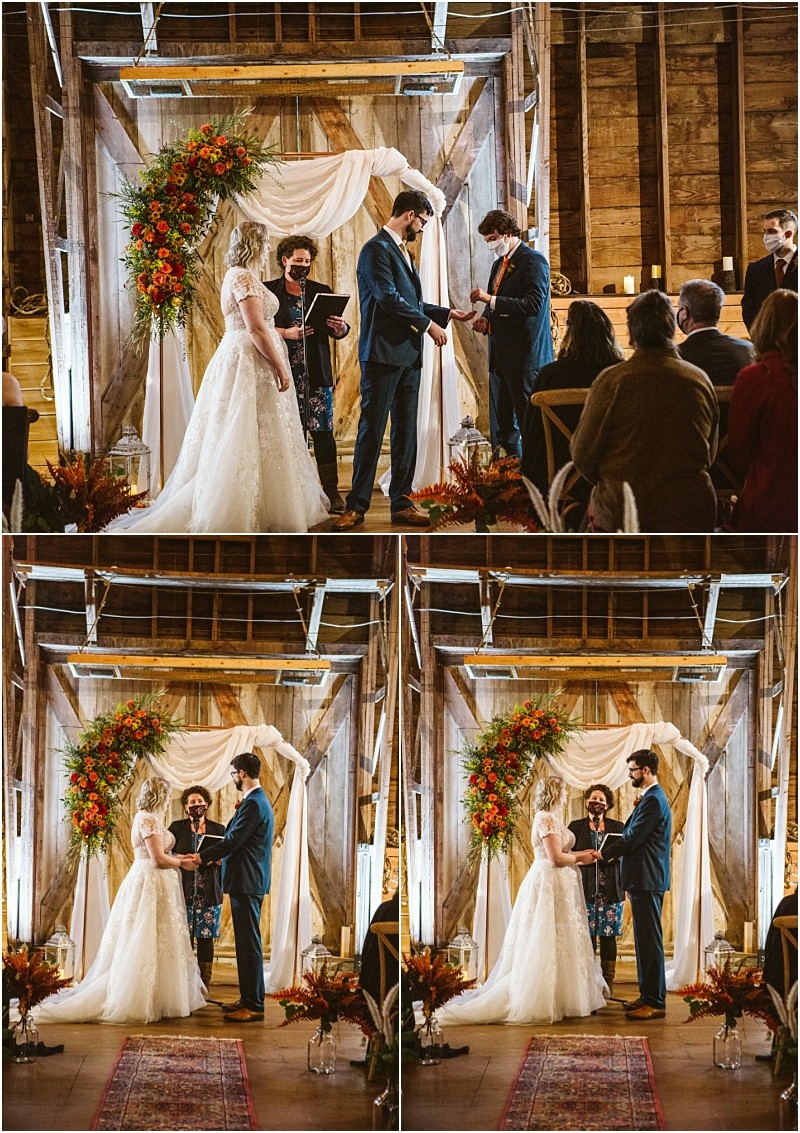 A bride and groom stand at a rustic wooden altar in a snohomish venue with floral decorations exchanging vows before an officiant and seated guests three photos capture unique moments of their wedding ceremony Snohomish wedding photography