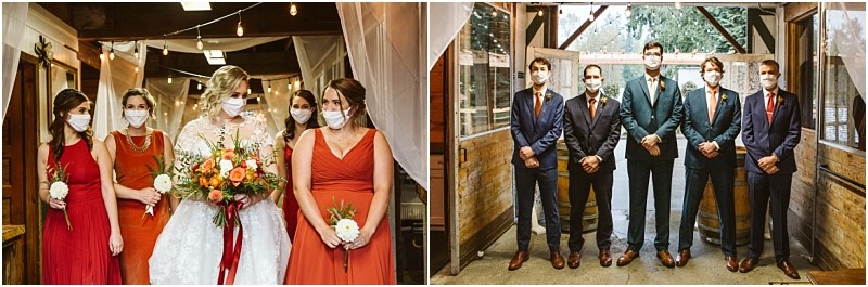 A bride with three bridesmaids and six groomsmen all dressed formally and wearing white face masks stand in separate groups indoors at a rustic snohomish wedding venue Snohomish wedding photography