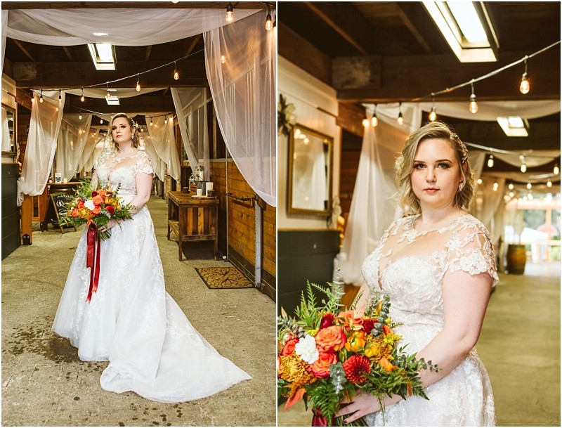 A bride in a lace wedding dress holds a vibrant bouquet standing in a warmly lit snohomish rustic venue with draped white fabric and string lights The second image is a close up of her facing the camera Snohomish wedding photography