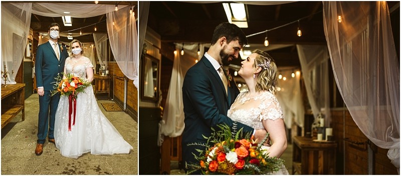 Two wedding photos on the left a bride and groom in formal attire wearing face masks stand together holding a bouquet On the right they stand close in a romantic snohomish setting with string lights and draped fabric in the background Snohomish wedding photography
