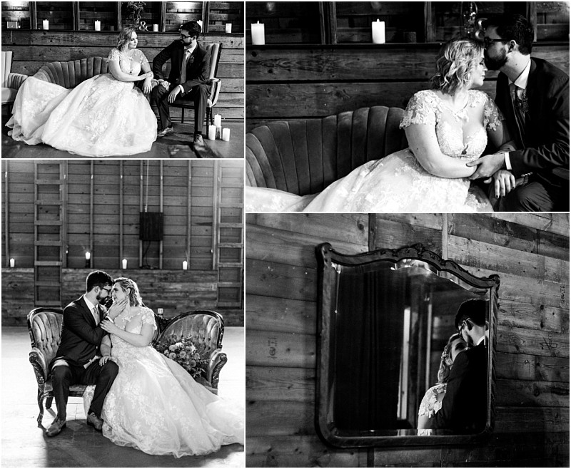 A collage of black and white photos shows a bride and groom in wedding attire sitting closely sharing intimate moments on a vintage couch and reflected in a mirror inside a rustic snohomish wooden venue Snohomish wedding photography