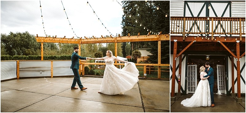 Two photos on the left a bride and groom dance joyfully outside under string lights at a snohomish venue on the right they embrace lovingly beneath a balcony in front of barn style doors Snohomish wedding photography
