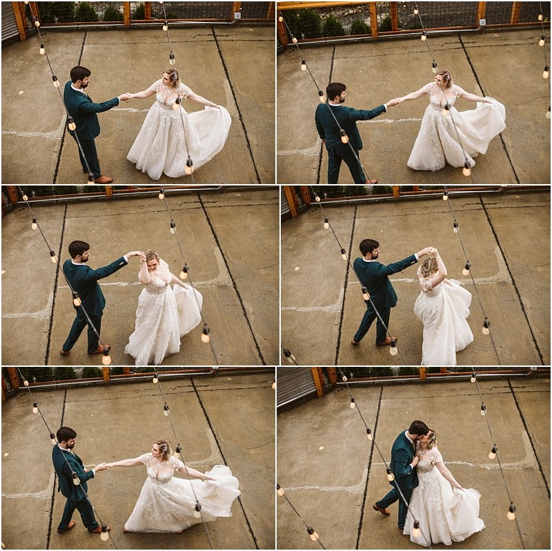 Six frame collage of a bride and groom dancing outdoors on a rainy snohomish patio holding hands and spinning under hanging string lights Captured from above the bride wears a white gown and the groom is in a dark suit Snohomish wedding photography
