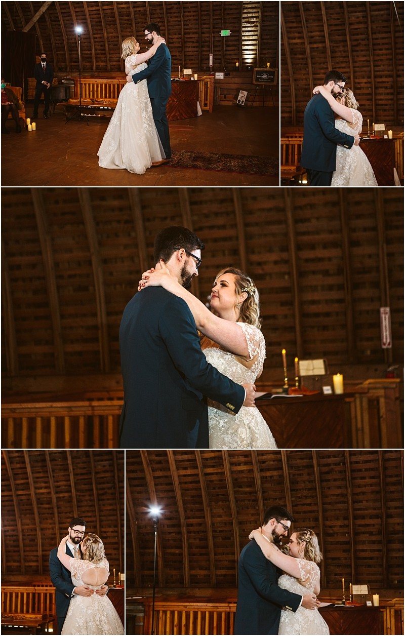 A collage of six photos shows a bride and groom sharing their first dance in a rustic wooden snohomish barn venue The couple embraces and smiles warmly at each other under soft intimate lighting Snohomish wedding photography