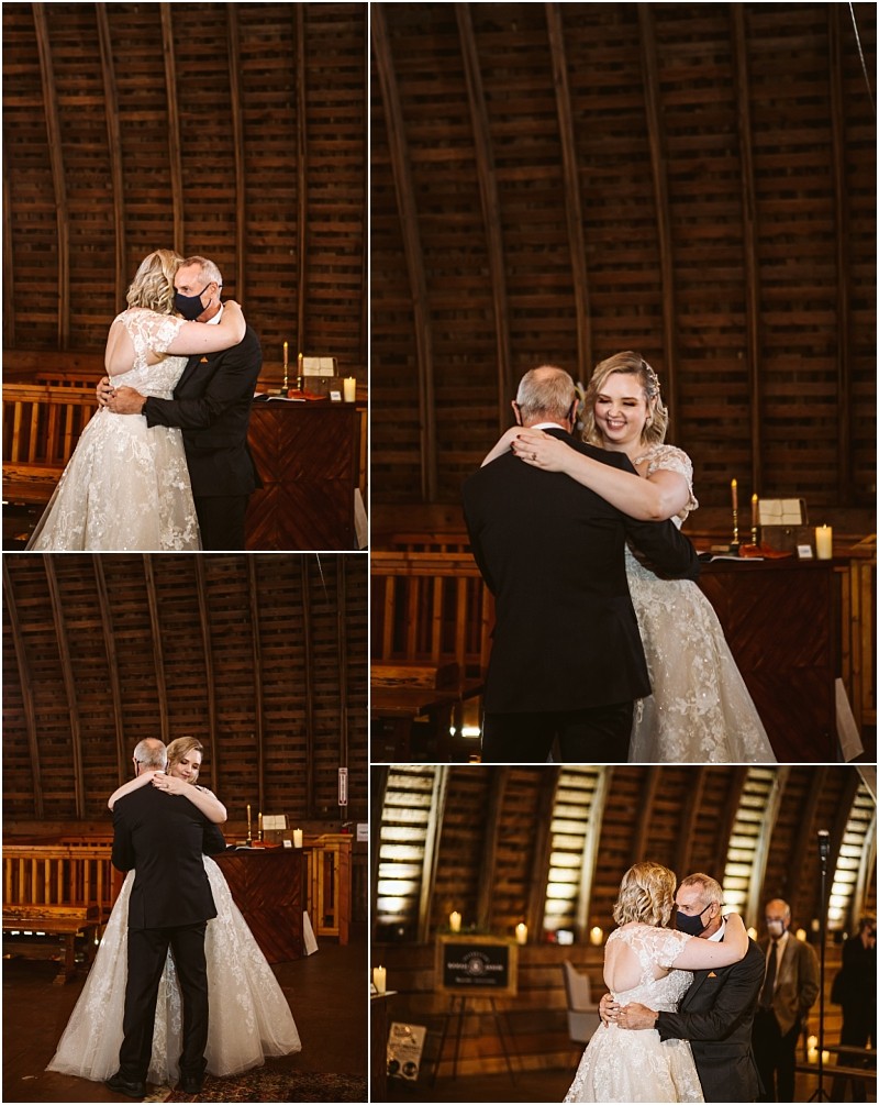 A bride in a white dress shares a joyful emotional dance with her father inside a rustic wooden snohomish barn They hug and smile capturing touching moments during the special father daughter dance at a wedding Snohomish wedding photography