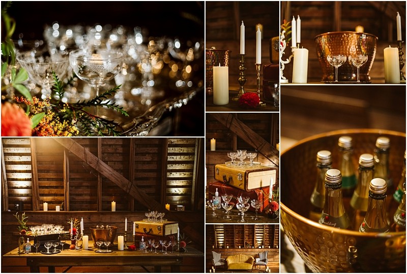 A collage showing elegant bar decor in snohomish glassware candles vintage suitcases a copper ice bucket with bottled drinks and a rustic wooden setting with warm ambient lighting Snohomish wedding photography