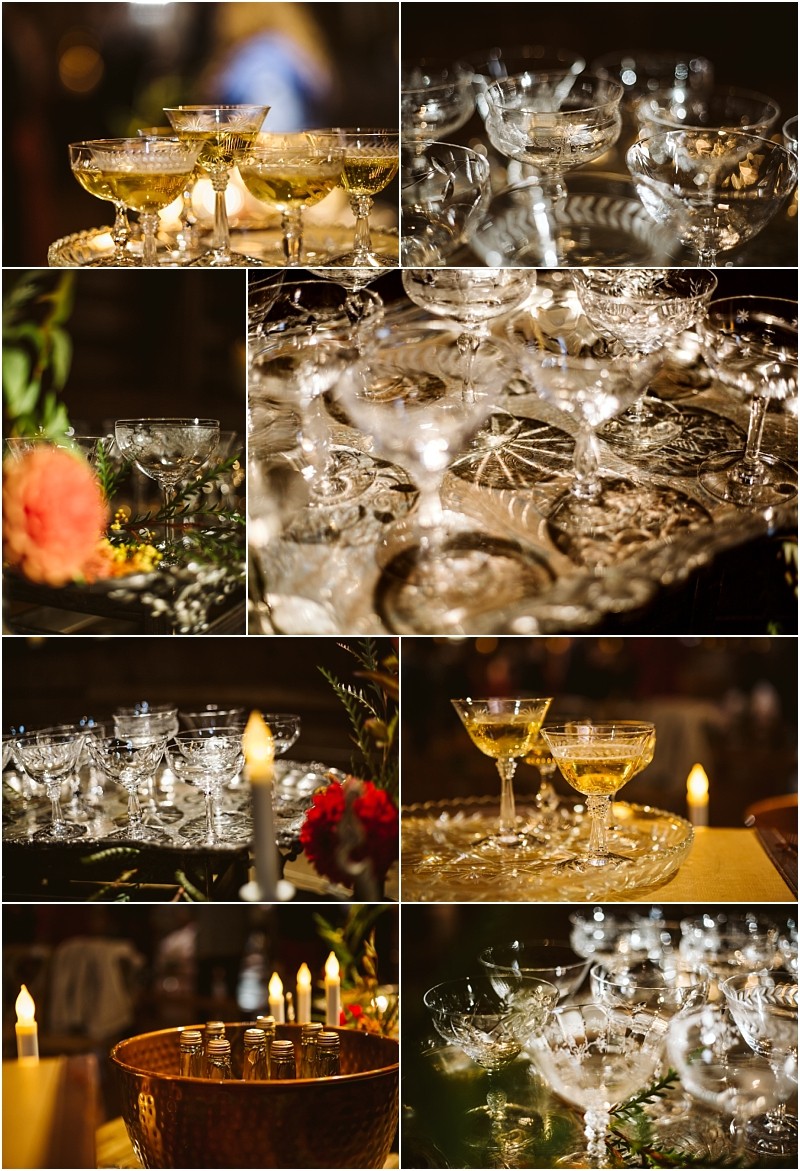 A collage of elegant glassware including champagne coupes and wine glasses arranged on trays and tables with candles and floral accents creates a warm festive atmosphere perfect for a snohomish celebration Snohomish wedding photography