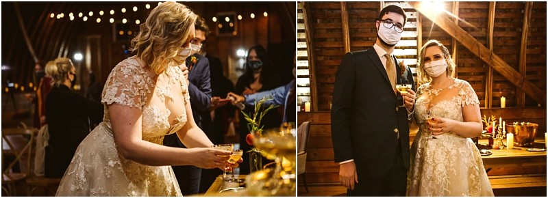 A bride and groom wearing masks at a snohomish wedding reception the bride in a lace gown pours a drink on the left while the couple poses with drinks in hand on the right in a warmly lit venue Snohomish wedding photography