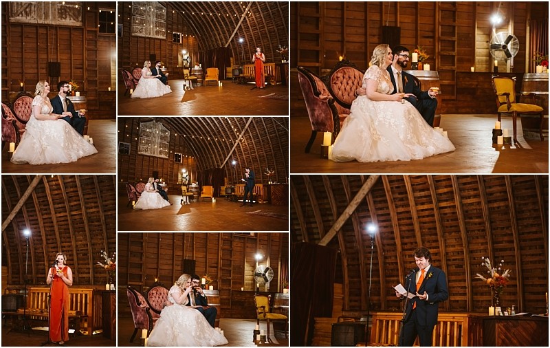 A collage of wedding reception photos in a rustic wooden snohomish barn The bride and groom sit together as guests give speeches and toasts with warm lighting and vintage furniture decorating the space Snohomish wedding photography