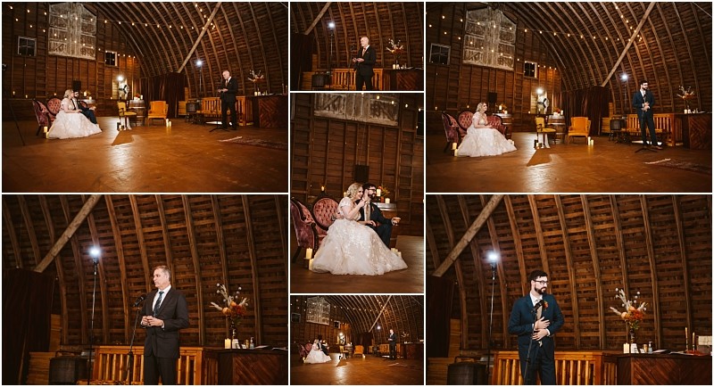 A collage of wedding reception photos in a rustic snohomish barn The bride and groom sit together listening to speeches from guests with string lights and wooden walls creating a warm intimate atmosphere Snohomish wedding photography
