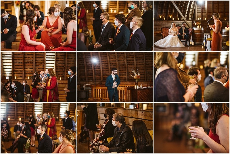A collage of wedding guests and a couple inside a rustic snohomish barn some wearing masks sitting or standing with drinks listening and socializing warm lighting highlights a cozy intimate atmosphere Snohomish wedding photography