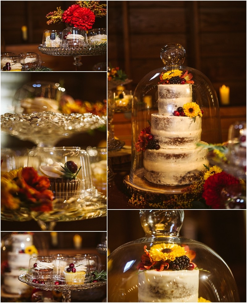 A collage of rustic dessert displays in snohomish featuring a three tiered naked cake decorated with flowers and berries under a glass cloche cupcakes and floral arrangements on elegant cake stands Warm lighting creates a cozy atmosphere Snohomish wedding photography