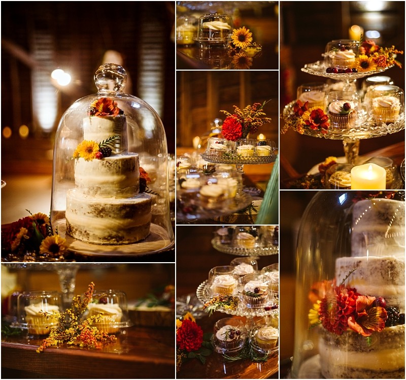 Collage of rustic snohomish wedding desserts featuring a semi naked cake with fall flowers under a glass dome cupcakes on tiered stands candles and autumn floral arrangements on wooden tables Warm cozy lighting throughout Snohomish wedding photography