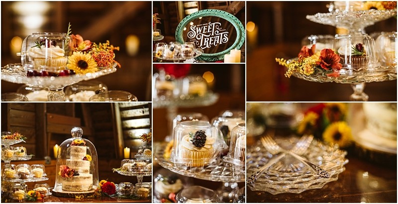A collage shows elegant dessert displays with cupcakes a cake flowers and decorative glass trays in snohomish A sign reads sweet treats alongside close ups of floral arrangements and forks on a glass plate Snohomish wedding photography