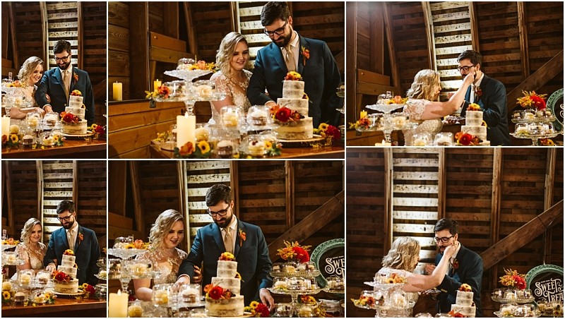 A collage of six photos shows a bride and groom at their snohomish wedding cutting and feeding each other cake in a rustic wooden venue decorated with candles and colorful flowers Snohomish wedding photography