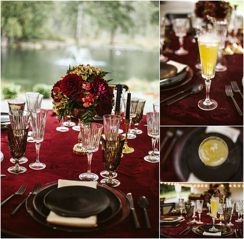 Elegant outdoor table setting in snohomish with dark red tablecloth black plates crystal glasses and a floral centerpiece close ups show a yellow drink in a flute and a top view of the drink with a lemon slice Snohomish wedding photography